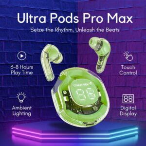 SHAN COMMUNICATION Ultra Pods Pro Bluetooth 5.3 TWS Earbuds, Display, Gaming Mode, AI ENC, Fast Charging Type-C, 13mm Bass Drivers, Transparent Design Premium Sound Earbuds